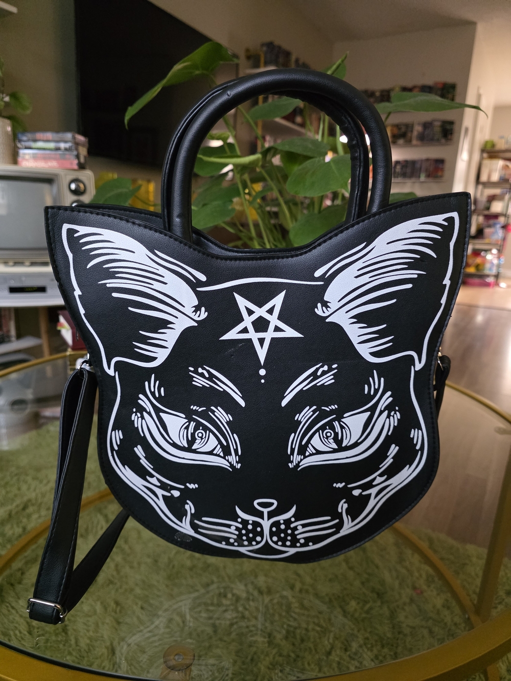 Black Cat Graphic Shoulder Bag with White Print